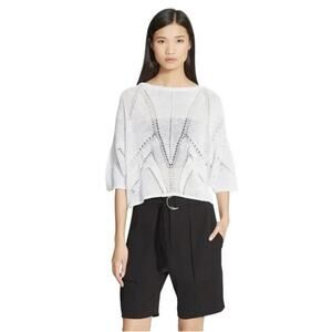 HELMUT LANG Fractured Lace Short Drop Sleeve Linen Sweater Top Blouse White M